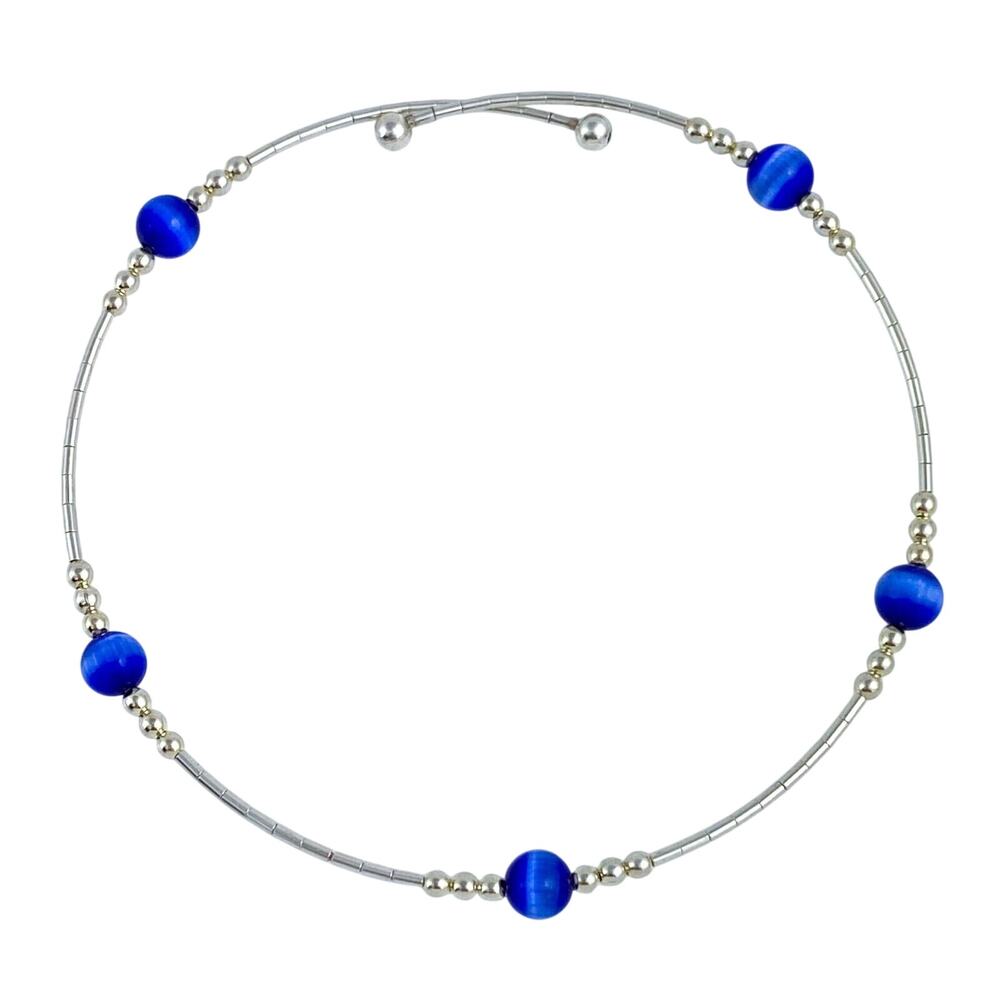 Vintage Sterling Silver Blue Cat’s Eye Memory Wire Bracelet | 7.5”